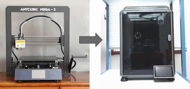 古いタイプの３Dプリンターと新しいエンクロージャー付きのCreality K1C