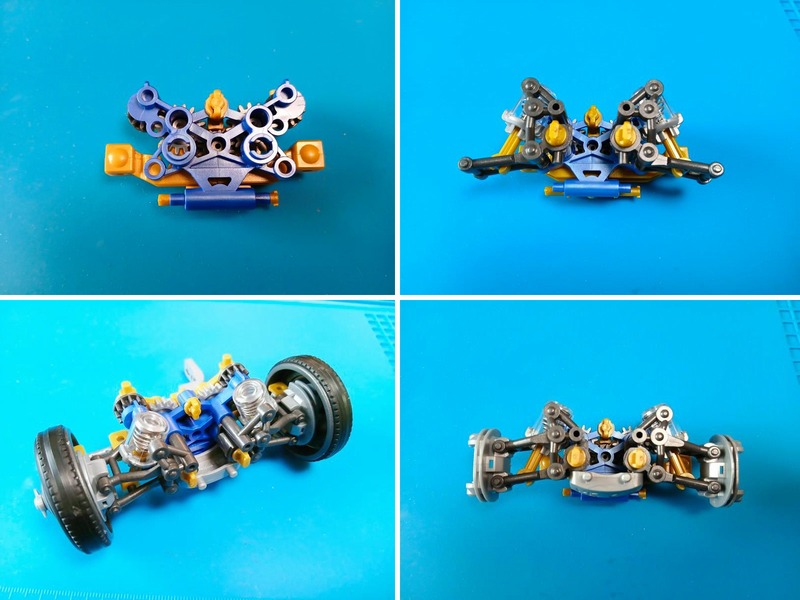 フロントサスペンションの組み立て過程の画像（４段階）